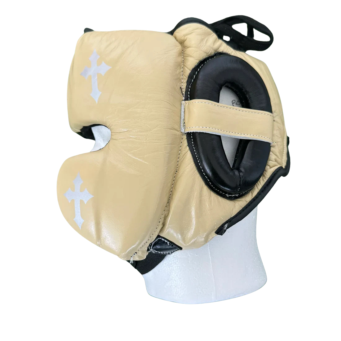 CREAM & BLACK BOXING HEADGEAR | 100% LEATHER