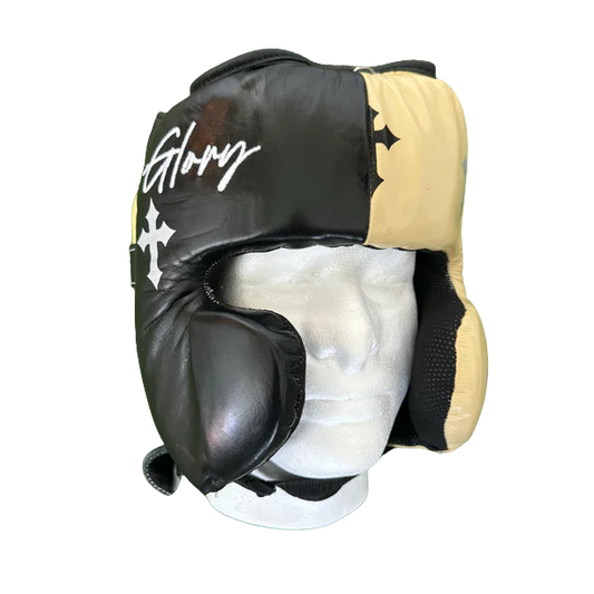 CREAM & BLACK BOXING HEADGEAR | 100% LEATHER