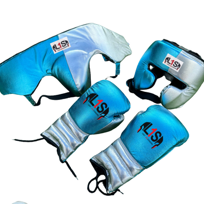 METALLIC SILVER & TEAL | BOXING GLOVES & SPARRING SET 100% LEATHER