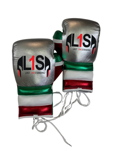 METALLIC SILVER/RED & GREEN | PRO ELITE GLOVES 100% LEATHER