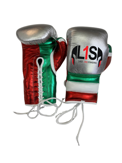 METALLIC SILVER/RED & GREEN | PRO ELITE GLOVES 100% LEATHER