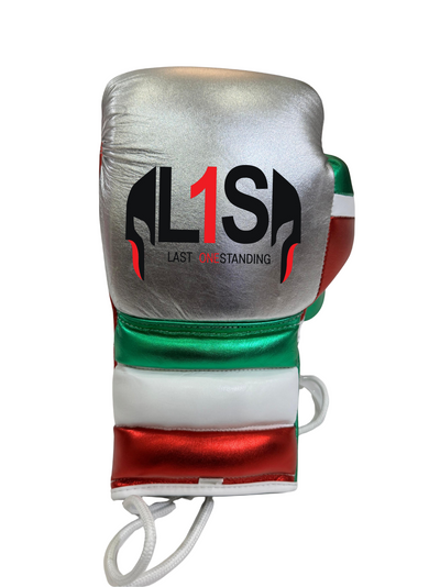 METALLIC SILVER/RED & GREEN | PRO ELITE GLOVES 100% LEATHER