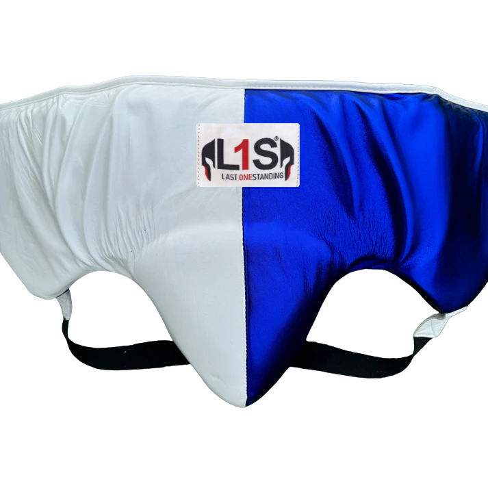 WHITE METALLIC BLUE | BOXING GROIN GUARD 100% LEATHER