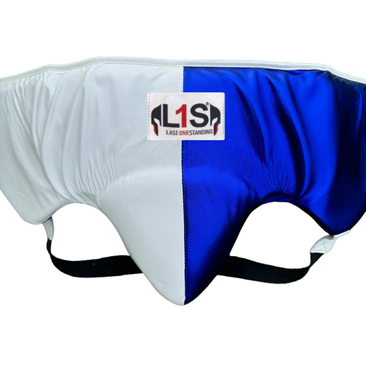 WHITE METALLIC BLUE | BOXING GROIN GUARD 100% LEATHER