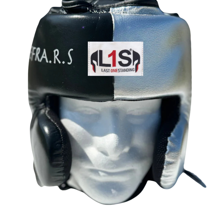 BLACK & SILVER BOXING HEADGEAR | 100% LEATHER